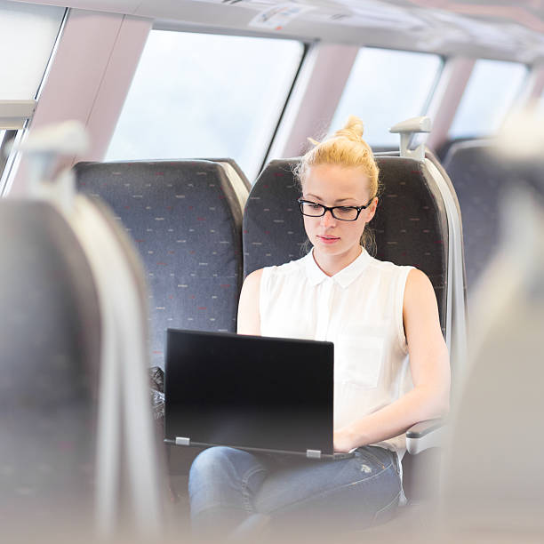istock Woman travelling by train working on laptop. 622190550