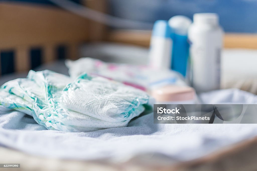 Baby equipment diapers, creams and other equipment Baby - Human Age Stock Photo