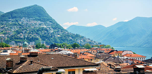 View of Lugano lake and Lugano city in Switzerland
