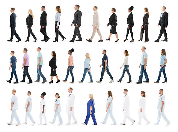 collage di persone che camminano in fila - persone in fila foto e immagini stock
