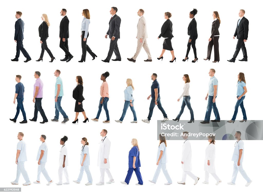 Collage Of People Walking In Line Collage Of People From Different Occupations Walking In Line Against White Background Walking Stock Photo