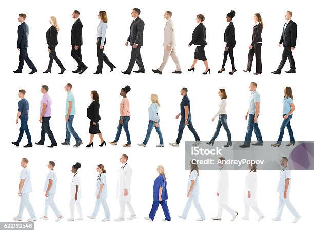 Collage Of People Walking In Line Stock Photo - Download Image Now - Walking, People, Side View