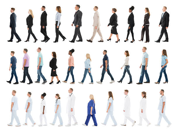 collage of people walking in line - people in a row people business isolated imagens e fotografias de stock