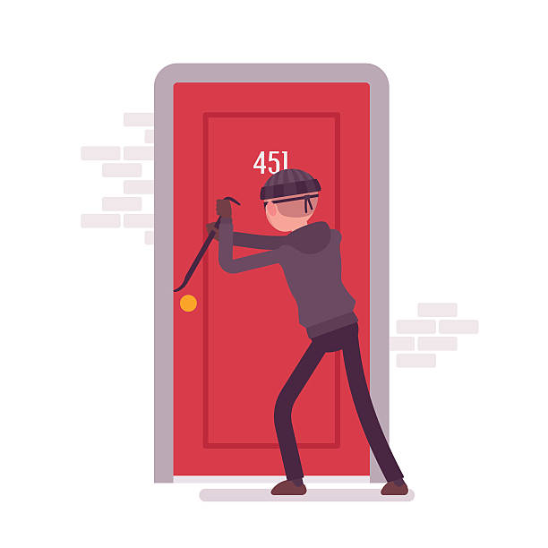 Thief breaking the door with a crowbar Thief making an effort to open the door with a crowbar. Cartoon vector flat-style concept illustration burglary crowbar stock illustrations