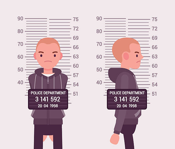 Mugshot of a young white man Mugshot of a young white man taken after arrest. Cartoon vector flat-style concept illustration lineup stock illustrations