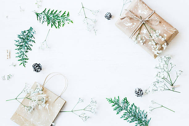 istock Christmas gift, pine cones, thuja branches and gypsophila flowers 622203742