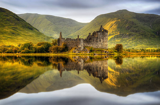 Kilchurn sunset Kilchurn Castle reflections in Loch Awe at sunset, Scotland medieval architecture stock pictures, royalty-free photos & images