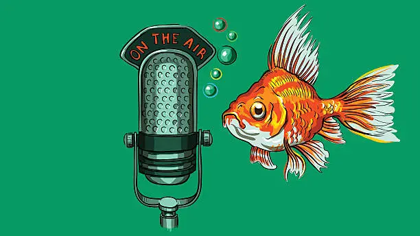 Vector illustration of Golden fish and vintage microphone on the air