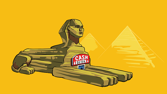 Tourist illustration depicting the main attraction of Egypt - the Great Sphinx and ancient pyramids in Giza Plateau. On the chest of monument situated cash desk window ans banner.