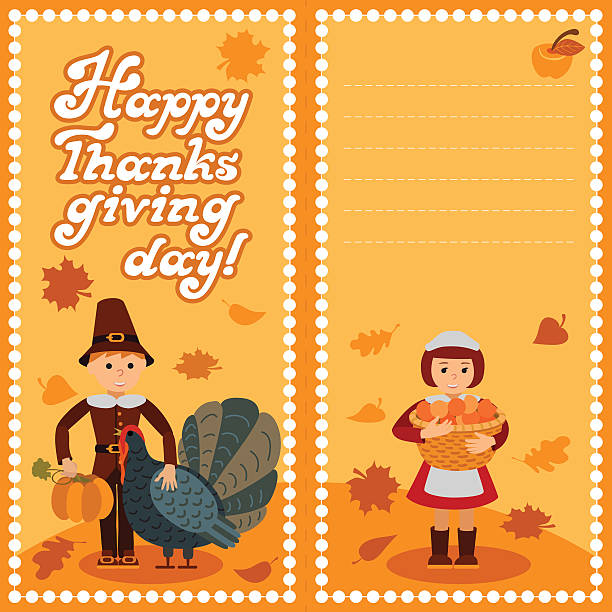 아이 잎과 축하 편지와 해피 추수 감사절 카드 - thanksgiving pilgrim turkey little girls stock illustrations