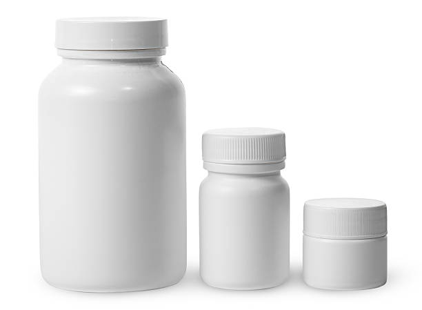 plastic jars of different sizes for medicines - bottle vitamin pill nutritional supplement white imagens e fotografias de stock