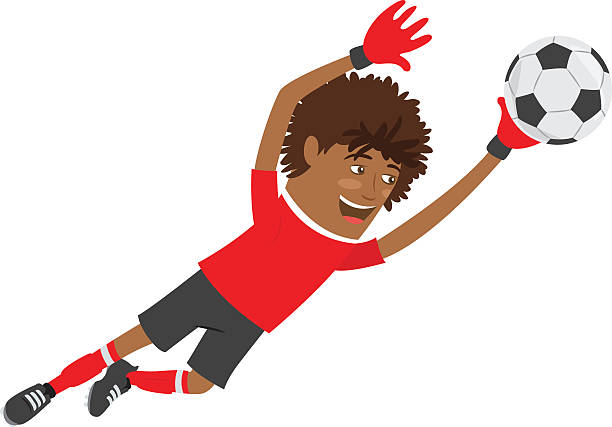 ilustrações, clipart, desenhos animados e ícones de engraçado goleiro jogador de futebol afro-americano vestindo camiseta vermelha - soccer ball running sports uniform red