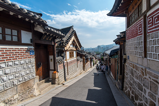 Seoul, Korea - September 26, 2016: Old Korean architecture at Bukchon Hanok village in Seoul in South Korea.