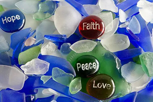 Hope, Faith, Peace and Love Glass Stones on Seaglass