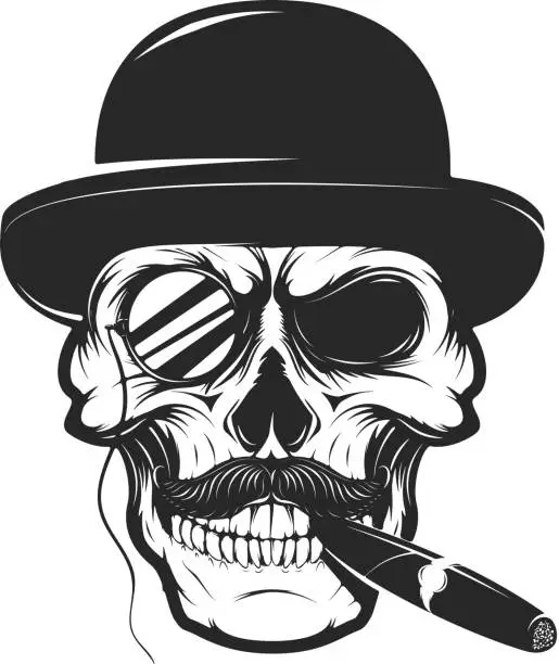 Vector illustration of Skull in hat with cigar and monocle. Design element