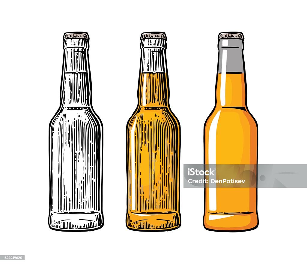 Beer bottle. Color engraving and flat vector illustration Beer bottle. Drawing in three graphic styles. Color vintage engraving and flat vector illustration. Isolated on white background. For web, poster and invitation to party Beer Bottle stock vector