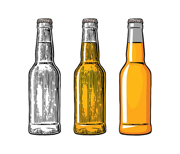 Beer bottle. Color engraving and flat vector illustration Beer bottle. Drawing in three graphic styles. Color vintage engraving and flat vector illustration. Isolated on white background. For web, poster and invitation to party bottle illustrations stock illustrations