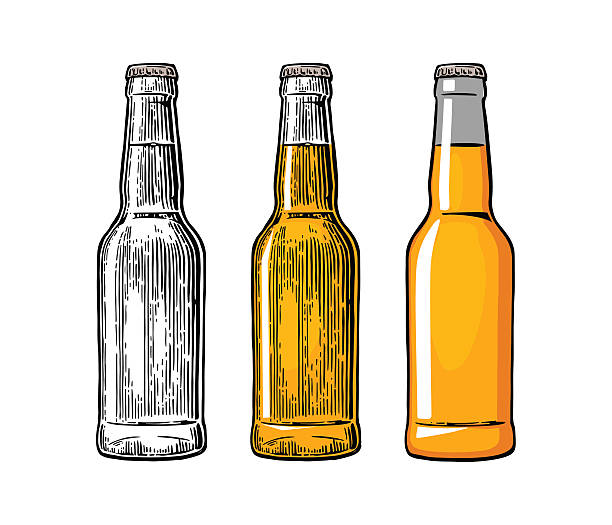 Beer bottle. Color engraving and flat vector illustration Beer bottle. Drawing in three graphic styles. Color vintage engraving and flat vector illustration. Isolated on white background. For web, poster and invitation to party beer bottle stock illustrations