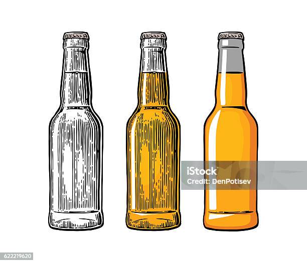 Beer Bottle Color Engraving And Flat Vector Illustration Stock Illustration - Download Image Now