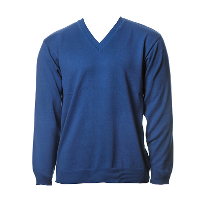 Blue v-neck male wool sweter isolated on white background.