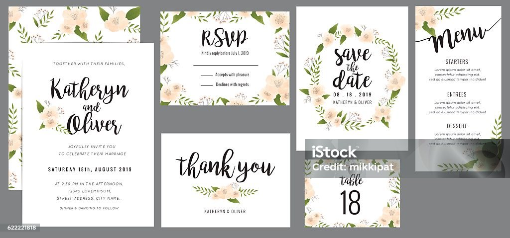 Wedding suite template with wreath flowers. Set of wedding suite template decorate with wreath flowers. Save the date, wedding invitation, wedding menu, thank you card. Vector illustration. Thank You - Phrase stock vector