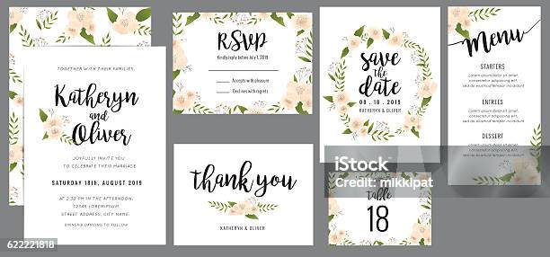 Wedding Suite Template With Wreath Flowers Stock Illustration - Download Image Now - Thank You - Phrase, Wedding, Greeting Card