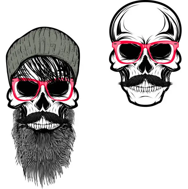 Vector illustration of Set of  hipster skulls in hat and sunglases. Design elements