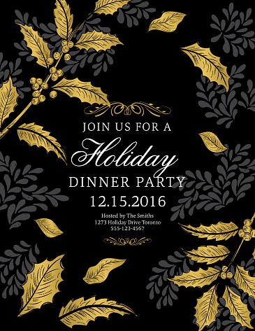 Black and Gold Christmas Poinsettia Party Invitation in Botanical Drawing Style. Detailed flowers and holiday elements. Text is on it's own layer.