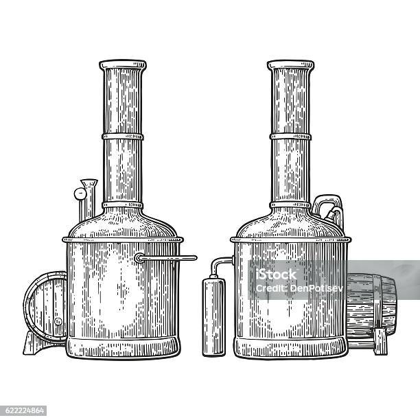 Row Of Tanks And Wooden Barrel In Brewery Beer Stock Illustration - Download Image Now - Engraved Image, Beer - Alcohol, Distillery