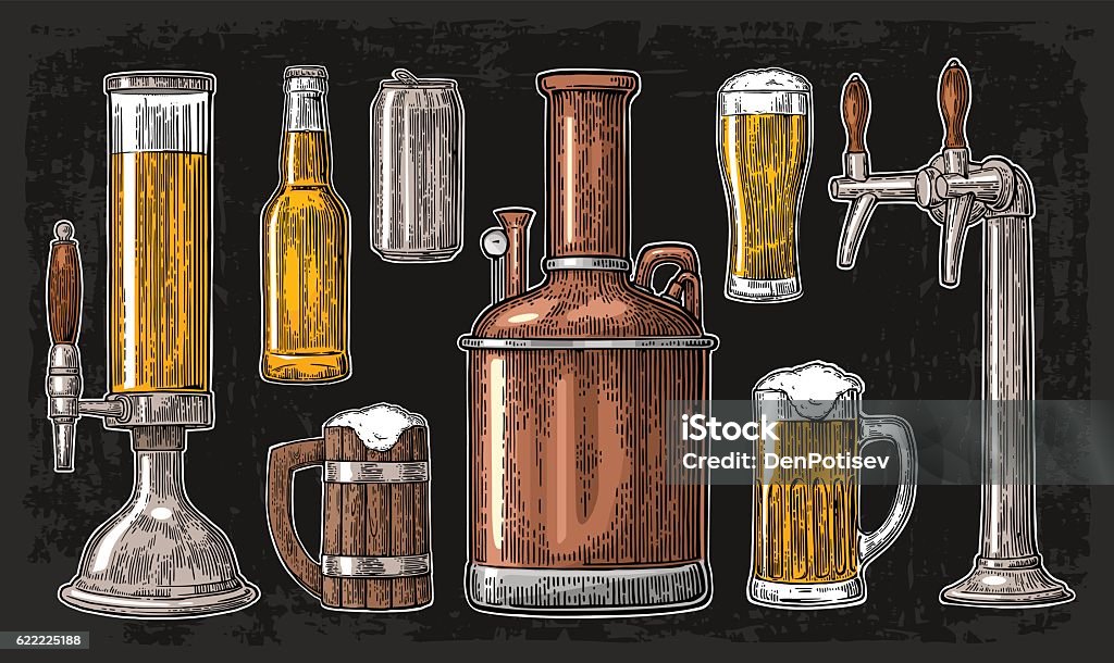 Beer set. Tap, class, can, bottle and tanks brewery factory. Beer set with tap, class, can, bottle and tanks from brewery factory. Vintage vector engraving illustration for web, poster, invitation to beer party. Isolated on dark background. Beer - Alcohol stock vector