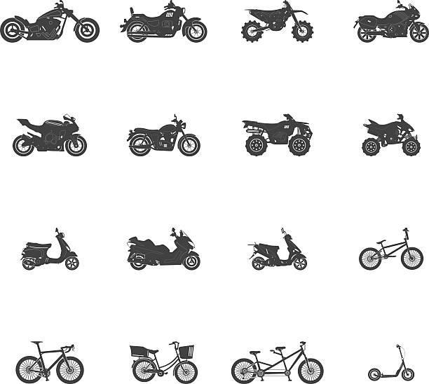 수송 자전거 오토바이 atv 아이콘 세트 - off road vehicle silhouette motorcycle back lit stock illustrations