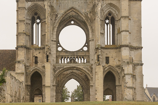 detail of ruined cathedral Soissons in France called Abbey of St Jean des Vignes on rainy day
