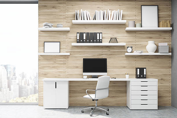 home office with light wood panels - office bookshelf stok fotoğraflar ve resimler