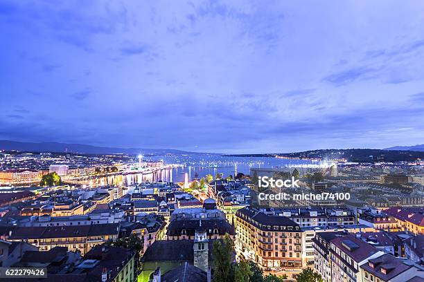 Panoramic Night View Of The City Of Geneva Lake Geneva Stock Photo - Download Image Now