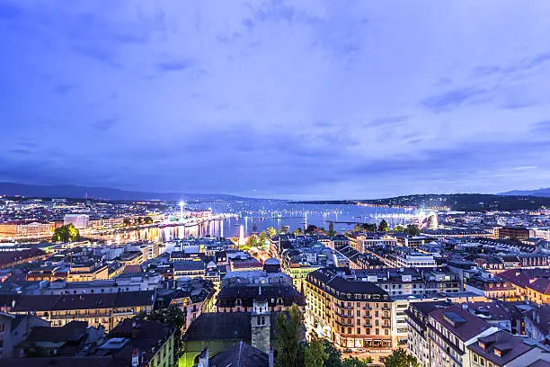 Panoramic night view of the city of Geneva, Lake Geneva switzerland