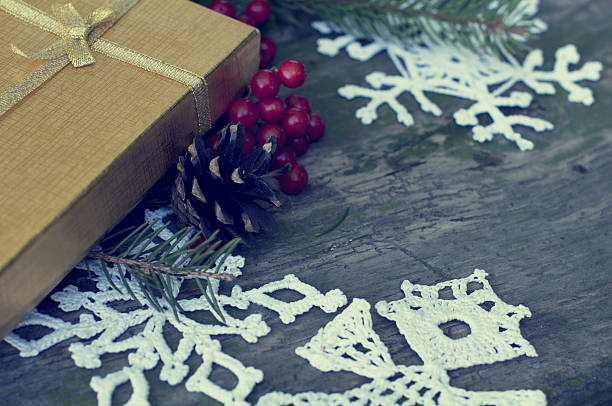 Christmas card with gift and decor with toning stock photo