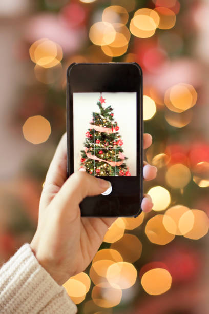 istock Woman taking picture of decorated tree 622280378