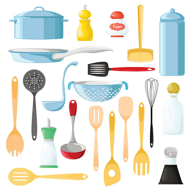ilustraciones, imágenes clip art, dibujos animados e iconos de stock de juego de diferentes utensilios para cocinar. cuchara de madera. - salt domestic kitchen bowl sparse