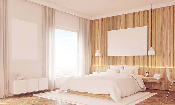 istock Corner view of sunlit bedroom with shelves 622281856
