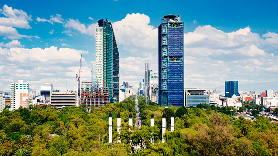 Aerial View of Mexico City skyline from Chapultepec Park, Mexico.