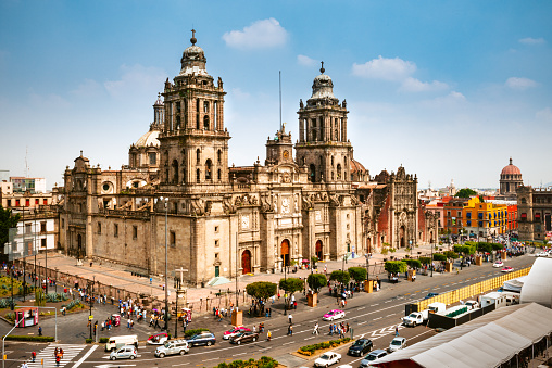 Elevated view of Mexico City Metropolitan Cathedral at The Zocalo Square. Mexico.