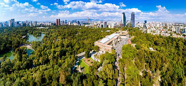Panoramic aerial view of Chapultepec Castle with Mexico City skyline on the background