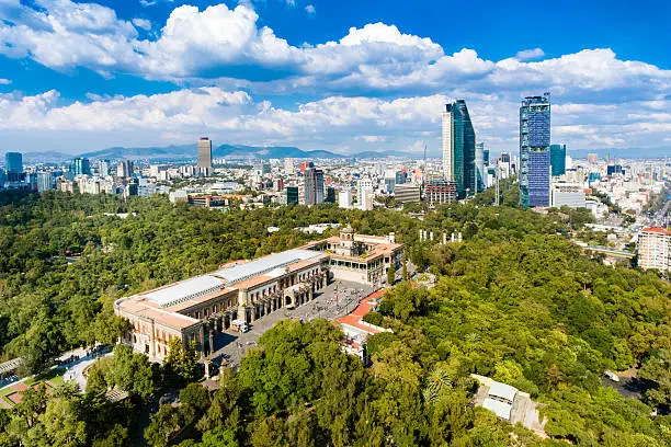 Panoramic aerial view of Chapultepec Castle with Mexico City skyline on the background