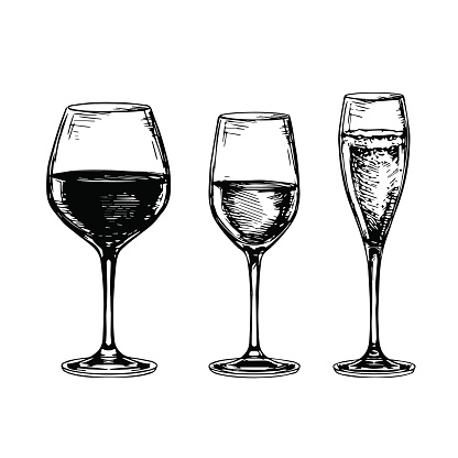 Sketch set wineglasses. Red wine, white wine and champagne. Isolated on white background. Hand drawn vector illustration.