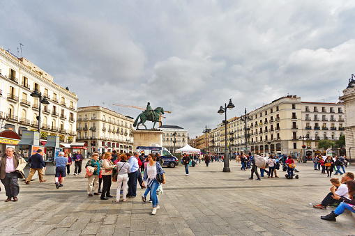 Madrid, Spain - October 26, 2015: Puerta del Sol square in the center of Madrid. Puerta del Sol - 0 kilometer radial network of Spanish roads, from here take readout whole network of Spanish roads