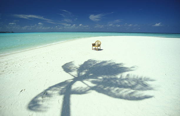a beach with the seascape of the island and atoll of the Maldives Islands in the indian ocean.