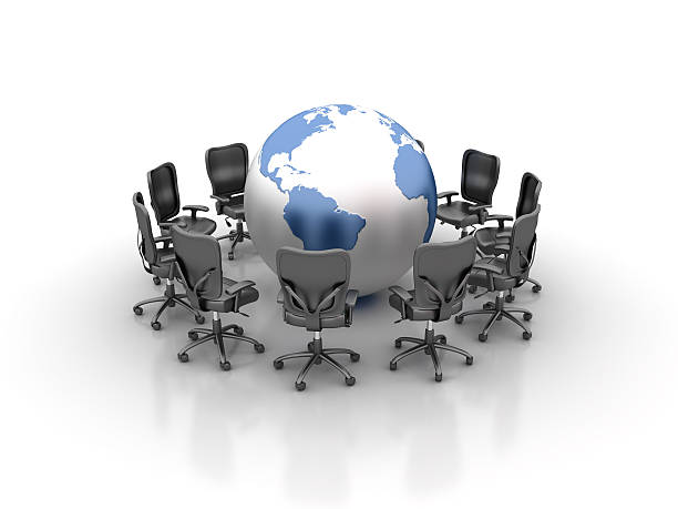 istock Office Chairs Meeting with World Globe Map 622292140