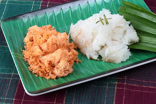 Photo of Close up,Sticky rice with stir-fried grated coconut ,shrimp