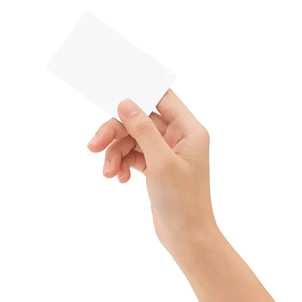 Photo of hand holding blank card isolated with clipping path