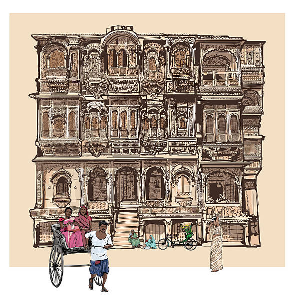 Facade of old house with balconies in Jodhpur, India Facade of old house with balconies in Jodhpur, India - vector illustration old indian stock illustrations